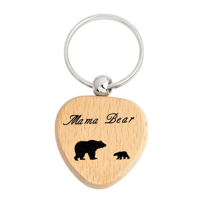 Mama Bear Keychain with Cub Wood Heart Keyring Handbag Charms, Wooden Heart Shape Pendant Keychain Key Ring Gift for Mom