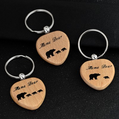 bromrefulgenc Keychain, mother day Mama Bear and Cubs Wooden Heart Shape Pendant Keychain Key Ring Gift for Mom