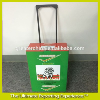 Trolley cardstock box with plastic handle and roller wheels