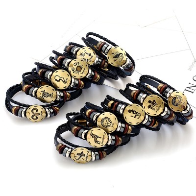 12 Zodiac astrological  Bracelets Braided Punk Alloy Leather Bracelet Retro Hand Woven Punk Chain Cuff